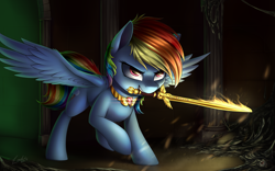 Size: 4000x2500 | Tagged: safe, artist:deltauraart, character:rainbow dash, species:pegasus, species:pony, fanfic:austraeoh, element of loyalty, fanfic, fanfic art, female, jewelry, jewelry only, mare, mouth hold, necklace, solo, sword, weapon