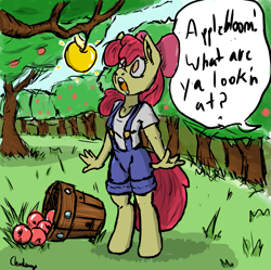Size: 1205x1200 | Tagged: safe, artist:charlemage, artist:jimmyjamno1, character:apple bloom, character:applejack, species:anthro, species:unguligrade anthro, apple, bucket, clothing, food, golden apple, offscreen character, orchard, overalls, shirt, shocked, t-shirt