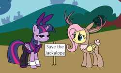 Size: 1153x695 | Tagged: safe, artist:author92, character:fluttershy, character:twilight sparkle, character:twilight sparkle (alicorn), species:alicorn, species:pegasus, species:pony, animal costume, bow tie, bunny costume, bunny ears, bunny suit, clothing, costume, cufflinks, cuffs (clothes), cute, horseshoes, jackalope, leotard, pantyhose, shoes, shyabetes, sign, twiabetes, unimpressed, wrist cuffs
