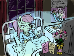 Size: 1600x1200 | Tagged: safe, artist:charlemage, artist:jimmyjamno1, character:apple bloom, character:fluttershy, species:anthro, episode:a health of information, g4, my little pony: friendship is magic, apple, bed, bored, food, hospital, nurse, older, sick, swamp fever, television