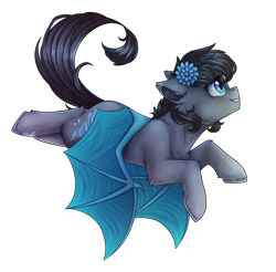 Size: 1629x1606 | Tagged: safe, artist:cloud-drawings, oc, oc only, oc:seachell, species:bat pony, species:pony, female, flower, flower in hair, flying, mare, simple background, solo, transparent background