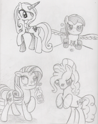 Size: 1275x1621 | Tagged: safe, artist:midwestbrony, character:fleur-de-lis, character:pinkie pie, character:rarity, oc, oc:wheely bopper, species:pony, alcohol, glowing horn, magic, monochrome, original species, telekinesis, traditional art