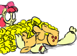 Size: 1224x908 | Tagged: safe, artist:charlemage, artist:jimmyjamno1, character:apple bloom, character:applejack, species:earth pony, species:pony, crying, dishonorapple, female, filly, food, mare, mustard, on back, sauce, silly, silly pony, wat