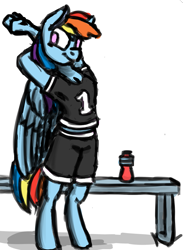 Size: 699x957 | Tagged: safe, artist:charlemage, artist:jimmyjamno1, character:rainbow dash, species:anthro, species:pegasus, species:pony, clothing, gatorade, shorts, stretching