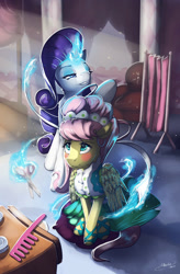 Size: 1630x2484 | Tagged: safe, artist:mechagen, character:fluttershy, character:rarity, species:pegasus, species:pony, species:unicorn, episode:green isn't your color, g4, my little pony: friendship is magic, alternate hairstyle, beautiful, blushing, clothing, comb, cute, dress, duo, featured on derpibooru, female, levitation, lidded eyes, magic, makeover, mare, modelshy, scissors, sexy, shyabetes, sitting, smiling, telekinesis
