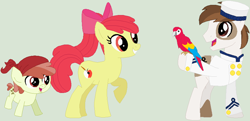 Size: 866x418 | Tagged: safe, artist:lost-our-dreams, character:apple bloom, character:pipsqueak, oc, oc:pippin, parent:apple bloom, parent:pipsqueak, parents:pipbloom, species:parrot, species:pony, family, offspring, older, older apple bloom, older pipsqueak, pipbloom, sailor uniform, shipping, simple background
