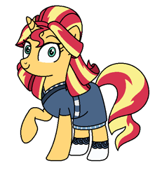 Size: 512x555 | Tagged: safe, artist:author92, character:sunset shimmer, species:pony, species:unicorn, episode:good vibes, eqg summertime shorts, g4, my little pony: equestria girls, my little pony:equestria girls, alternate costumes, alternate hairstyle, clothing, equestria girls ponified, female, happi, mare, obi, ponified, simple background, smiling, socks, solo, sunset sushi, toy interpretation, white background