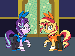 Size: 1110x826 | Tagged: safe, artist:author92, character:starlight glimmer, character:sunset shimmer, species:pony, species:unicorn, alternate costumes, bow tie, bunny ears, bunny suit, clothing, costume, cufflinks, cuffs (clothes), equestria girls ponified, female, leotard, mare, pantyhose, playboy bunny, ponified, shoes