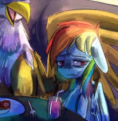 Size: 900x923 | Tagged: safe, artist:terrac0tta, character:gilda, character:rainbow dash, species:griffon, cafe, drink, fanfic, food, herbivore vs carnivore, meat, restaurant, sad, table, tl;dr
