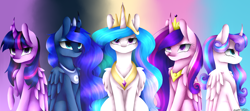Size: 2600x1152 | Tagged: safe, artist:purediamond360, character:princess cadance, character:princess celestia, character:princess flurry heart, character:princess luna, character:twilight sparkle, character:twilight sparkle (alicorn), species:alicorn, species:pony, alicorn pentarchy, curved horn, older, sitting