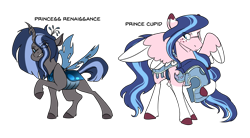 Size: 1600x883 | Tagged: safe, artist:torusthescribe, oc, oc only, oc:cupid, oc:renaissance, parent:queen chrysalis, parent:shining armor, parents:shining chrysalis, species:changeling, species:pegasus, species:pony, armor, female, half-siblings, hybrid, interspecies offspring, male, offspring, simple background, stallion, transparent background
