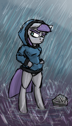 Size: 635x1101 | Tagged: safe, artist:charlemage, artist:jimmyjamno1, character:maud pie, species:pony, bipedal, clothing, coat, hoodie, rain, rock, semi-anthro