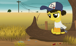 Size: 11603x7000 | Tagged: safe, artist:xenoneal, species:earth pony, species:pony, spoilers for another series, absurd resolution, cap, clementine (walking dead), clothing, crossover, dress, female, filly, foal, gun, handgun, hat, hooves, log, ponified, revolver, rock, sad, shirt, sitting, solo, the walking dead, tree, vector, weapon