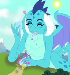 Size: 1700x1806 | Tagged: safe, artist:final7darkness, character:princess ember, character:spike, species:dragon, destruction, eyes closed, heart, macro, twilight's castle