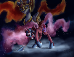 Size: 3000x2300 | Tagged: safe, artist:foughtdragon01, character:daybreaker, character:nightmare twilight sparkle, character:princess celestia, character:twilight sparkle, character:twilight sparkle (alicorn), species:alicorn, species:pony, ethereal mane, evil grin, female, grin, helmet, hoof shoes, mare, nightmarified, smiling, teacher and student, ultimate twilight