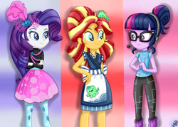 Size: 2100x1500 | Tagged: safe, artist:liniitadash23, character:rarity, character:sunset shimmer, character:twilight sparkle, character:twilight sparkle (scitwi), species:eqg human, episode:good vibes, eqg summertime shorts, g4, my little pony: equestria girls, my little pony:equestria girls, apron, barrette, clothing, dress, glasses, hairclip, hairpin, happi, headset, leg warmers, pants, skirt, standing, sunset sushi, sweater, toy interpretation, turtleneck, uniform