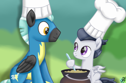 Size: 1350x893 | Tagged: safe, artist:liniitadash23, character:rumble, character:thunderlane, species:pegasus, species:pony, episode:marks and recreation, g4, my little pony: friendship is magic, brothers, cauldron, chef, chef's hat, clothing, hat, male, sitting, stirring, uniform, wonderbolts uniform