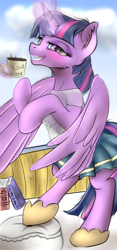 Size: 3900x8350 | Tagged: safe, artist:lakunae, character:twilight sparkle, character:twilight sparkle (alicorn), species:alicorn, species:pony, blushing, book, boots, clothing, coffee, eyeshadow, female, glowing horn, horseshoes, lipstick, magic, makeup, morning, rearing, see-through, shirt, shoes, skirt, smiling, telekinesis, wet, wet clothes, wet shirt