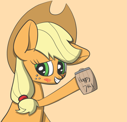 Size: 1515x1456 | Tagged: safe, artist:litrojia, character:applejack, species:earth pony, species:pony, blushing, drunk, drunk aj, female, floppy ears, happy birthday mlp:fim, looking at you, mare, mlp fim's seventh anniversary, mug, sitting, solo