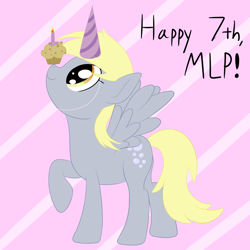 Size: 1500x1500 | Tagged: safe, artist:nitei, character:derpy hooves, balancing, clothing, food, happy birthday mlp:fim, hat, mlp fim's seventh anniversary, muffin, party hat, ponies balancing stuff on their nose