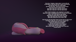 Size: 1920x1080 | Tagged: safe, artist:camchao, character:pinkamena diane pie, character:pinkie pie, species:earth pony, species:pony, spoiler:doki doki literature club, spoilers for another series, 3d, depression, doki doki literature club, female, floppy ears, lying down, lyrics, mare, on side, pen, sad, solo, song reference, source filmmaker, text, tl;dr