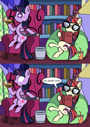 Size: 2886x4065 | Tagged: safe, artist:pony4koma, character:moondancer, character:twilight sparkle, character:twilight sparkle (alicorn), species:alicorn, species:pony, book, burger, chillaxing, comic, diet, drool, food, gluten free, happy, hay burger, library, lunch, reading, sad, twilight's castle
