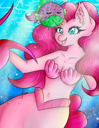 Size: 997x1280 | Tagged: safe, artist:niniibear, character:pinkie pie, character:spike, species:anthro, my little pony: the movie (2017), belly button, bra, cute, duo, happy, mermaid, merpony, movie, ocean, puffer fish, seashell bra, shells, species swap, spike the pufferfish, underwater