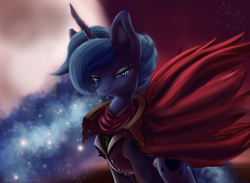 Size: 2500x1833 | Tagged: safe, artist:foughtdragon01, character:princess luna, species:alicorn, species:pony, bloodborne, cape, clothing, ethereal mane, female, frown, looking at you, mare, missing accessory, moon, night, signature, sky, solo, standing