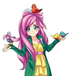 Size: 750x814 | Tagged: safe, artist:semehammer, character:fluttershy, species:bird, species:human, clothing, cute, dress, eye clipping through hair, female, humanized, looking at you, shrug, shrugpony, shyabetes, simple background, solo, sweat, sweatdrop, white background