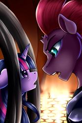 Size: 1024x1536 | Tagged: safe, artist:crecious, character:tempest shadow, character:twilight sparkle, character:twilight sparkle (alicorn), species:alicorn, species:pony, species:unicorn, my little pony: the movie (2017), broken horn, cage, female, looking at each other, mare, open mouth, open up your eyes, scene interpretation