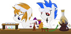 Size: 1481x712 | Tagged: safe, artist:xenoneal, oc, oc only, oc:butcher knife, oc:windwhirl, species:earth pony, species:pony, species:unicorn, .svg available, boiler, chemistry, clothing, female, flask, lab coat, lantern, male, mare, scale, science, simple background, stallion, svg, test tube, transparent background, vector, watch