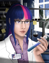 Size: 1589x2020 | Tagged: safe, artist:dezdark, character:twilight sparkle, species:human, clothing, female, humanized, lab coat, solo, test tube
