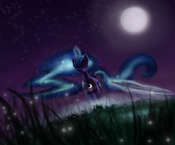 Size: 3000x2500 | Tagged: safe, artist:foughtdragon01, character:princess luna, species:alicorn, species:pony, angry, ethereal mane, female, firefly, frown, full moon, glowing horn, grass, jewelry, looking at you, magic, mare, moon, night, regalia, signature, sky, solo, standing, stars, sword, telekinesis, weapon