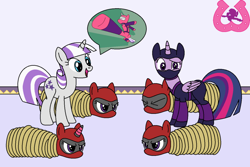 Size: 1024x683 | Tagged: safe, artist:author92, character:twilight sparkle, character:twilight sparkle (alicorn), character:twilight velvet, species:alicorn, species:pony, species:unicorn, series:siege of canterlot, alternate costumes, bondage, brightly colored ninjas, confused, dialogue, horn ring, kunoichi, magic suppression, masks, ninja, rope, rope bondage, speech bubble