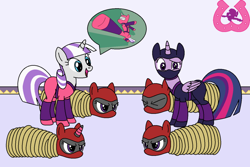 Size: 1024x683 | Tagged: safe, artist:author92, character:twilight sparkle, character:twilight sparkle (alicorn), character:twilight velvet, species:alicorn, species:pony, species:unicorn, series:siege of canterlot, alternate costumes, bondage, brightly colored ninjas, confused, dialogue, horn ring, kunoichi, magic suppression, mask, ninja, raised eyebrow, rope, speech bubble