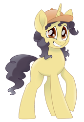 Size: 741x1079 | Tagged: safe, artist:aegann, oc, oc only, oc:curly fries, species:pony, awkward smile, baseball cap, cap, clothing, hat, male, movie accurate, raffle prize, simple background, solo, stallion, transparent background