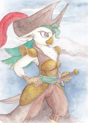 Size: 688x956 | Tagged: safe, artist:daisymane, character:captain celaeno, species:anthro, species:bird, my little pony: the movie (2017), armpits, biologically justified underarm fluff, chest fluff, clothing, female, hat, pirate, pirate hat, solo, sword, traditional art, weapon