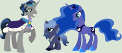 Size: 1119x487 | Tagged: safe, artist:lost-our-dreams, character:good king sombra, character:king sombra, character:princess luna, oc, oc:nocturne eclipse, parent:good king sombra, parent:king sombra, parent:princess luna, parents:lumbra, species:pony, species:unicorn, ship:lumbra, colt, male, offspring, shipping, simple background, straight
