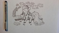 Size: 900x505 | Tagged: safe, artist:hirundoarvensis, oc, oc only, oc:willow, species:duck, species:pony, eyes closed, female, mare, monochrome, original species, pond pony, raised hoof, solo, traditional art, tree