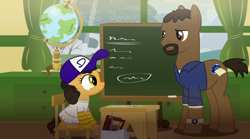 Size: 2106x1169 | Tagged: safe, artist:xenoneal, species:pony, .svg available, book, chalkboard, clementine (walking dead), clothing, crossover, cute, female, filly, globe, lee everett, male, ponified, radio, socks, stallion, striped socks, svg, the walking dead, vector, watch