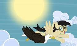 Size: 6000x3608 | Tagged: safe, artist:xenoneal, oc, oc only, oc:lightning bolt, species:pegasus, species:pony, bald eagle, cloud, eagle, female, flying, high res, mare, solo, sun, vector