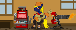 Size: 10000x3905 | Tagged: safe, artist:xenoneal, oc, oc only, oc:navy numbers, species:pony, dispenser, engineer, guitar, gun, high res, machine gun, male, sentry gun, solo, stallion, team fortress 2, vector, weapon