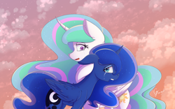 Size: 1920x1200 | Tagged: safe, artist:laptop-pone, character:princess celestia, character:princess luna, species:alicorn, species:pony, alicorns only, cloud, cloudy, crying, duo, duo female, ear fluff, female, floppy ears, looking at you, mare, missing accessory, open mouth, reunited, royal sisters, sisters