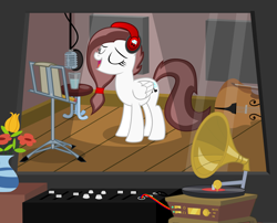 Size: 12000x9679 | Tagged: safe, artist:xenoneal, oc, oc only, oc:scarlet blitz, species:pegasus, species:pony, absurd resolution, cello, female, glass, gramophone, mare, microphone, musical instrument, solo, vase, water