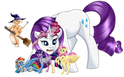 Size: 1024x635 | Tagged: safe, artist:crecious, character:applejack, character:fluttershy, character:pinkie pie, character:rainbow dash, character:rarity, character:twilight sparkle, character:twilight sparkle (alicorn), species:alicorn, species:pony, broom, clothing, flying, flying broomstick, frankenpony, frankenstein's monster, halloween, hat, holiday, looking at you, mane six, merpony, monster pony, original species, rearing, simple background, size difference, smiling, smoldash, species swap, spiderpony, spidershy, transparent background, witch, witch hat