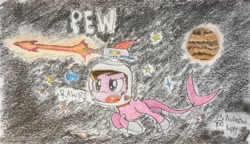 Size: 3649x2103 | Tagged: safe, artist:professionalpuppy, oc, oc only, oc:ashee, cute, laser, original species, shark pony, solo, space, space suit, traditional art
