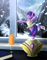 Size: 2811x3568 | Tagged: safe, artist:dezdark, character:twilight sparkle, character:twilight sparkle (unicorn), species:pony, species:unicorn, episode:a royal problem, g4, my little pony: friendship is magic, ballerina, ballet slippers, candle, female, high res, mare, mountain, mountain range, music box, snow, solo, tutu, twilarina, wax