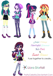 Size: 870x1227 | Tagged: safe, artist:prettycelestia, character:juniper montage, character:starlight glimmer, character:sunset shimmer, character:twilight sparkle, character:twilight sparkle (scitwi), species:eqg human, my little pony:equestria girls, fusion, gem fusion, multiple arms, six arms, steven universe