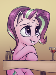 Size: 910x1209 | Tagged: safe, artist:deltauraart, edit, character:starlight glimmer, species:pony, species:unicorn, alcohol, chair, chest fluff, cropped, date, female, glass, heart eyes, mare, sitting, smiling, solo, table, wine, wine glass, wingding eyes