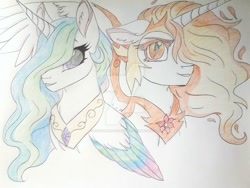 Size: 1024x768 | Tagged: safe, artist:evergreen-gemdust, character:daybreaker, character:princess celestia, species:pony, colored wings, duality, multicolored wings, traditional art, watermark